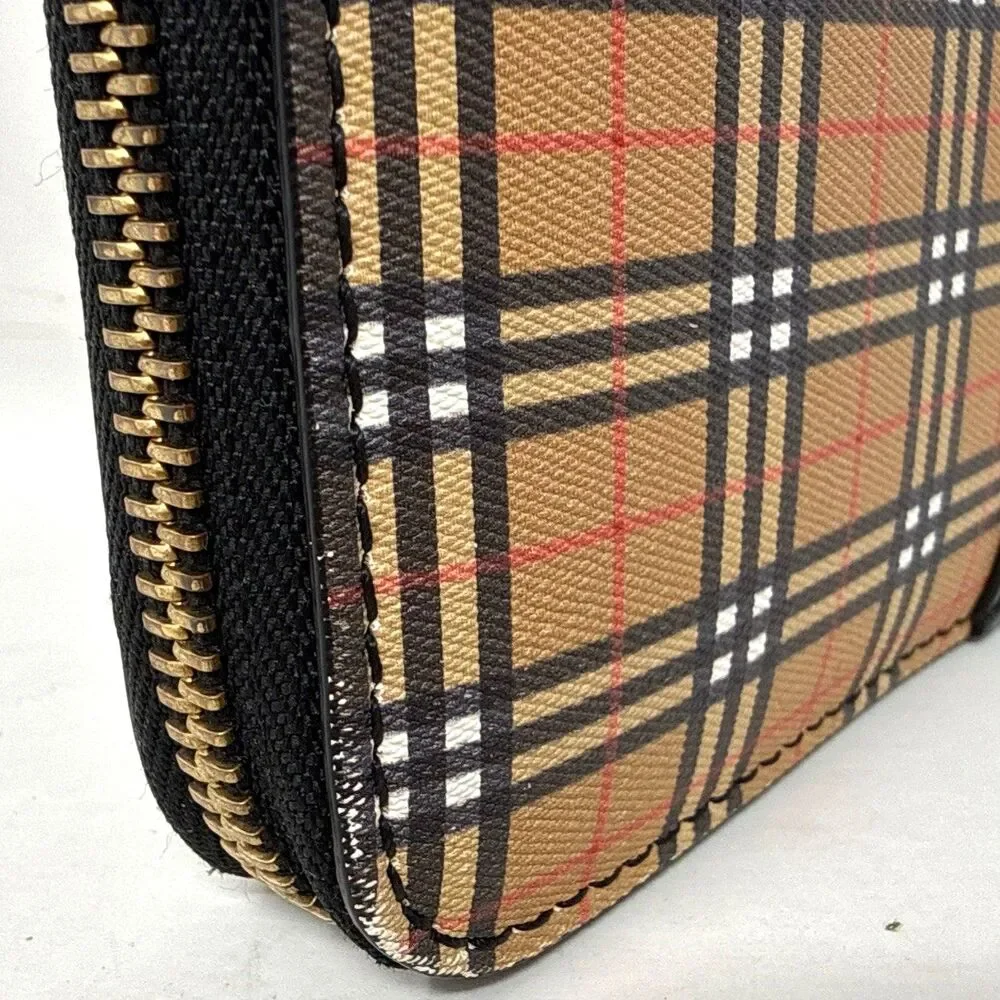 VTG Burberry Zip Around Wallet Clutch Black Leather House Check Canvas Preppy